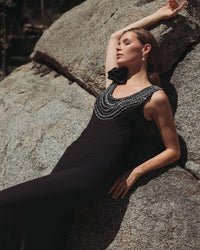 Beaded Scoop Neck Jersey Gown With 3D Flower - Black