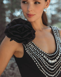 Beaded Scoop Neck Jersey Gown With 3D Flower - Black