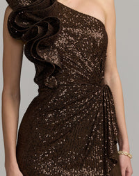 Mac Duggal 50093 Chocolate one shoulder sequin column gown - close-up