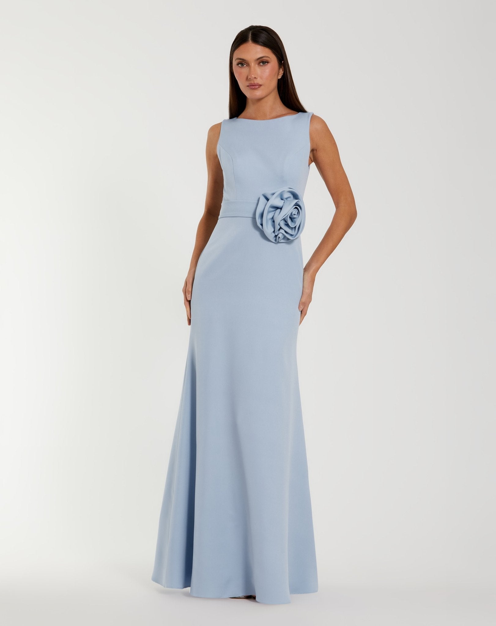 Periwinkle High Neck Sleeveless Crepe A Line Gown With Flower