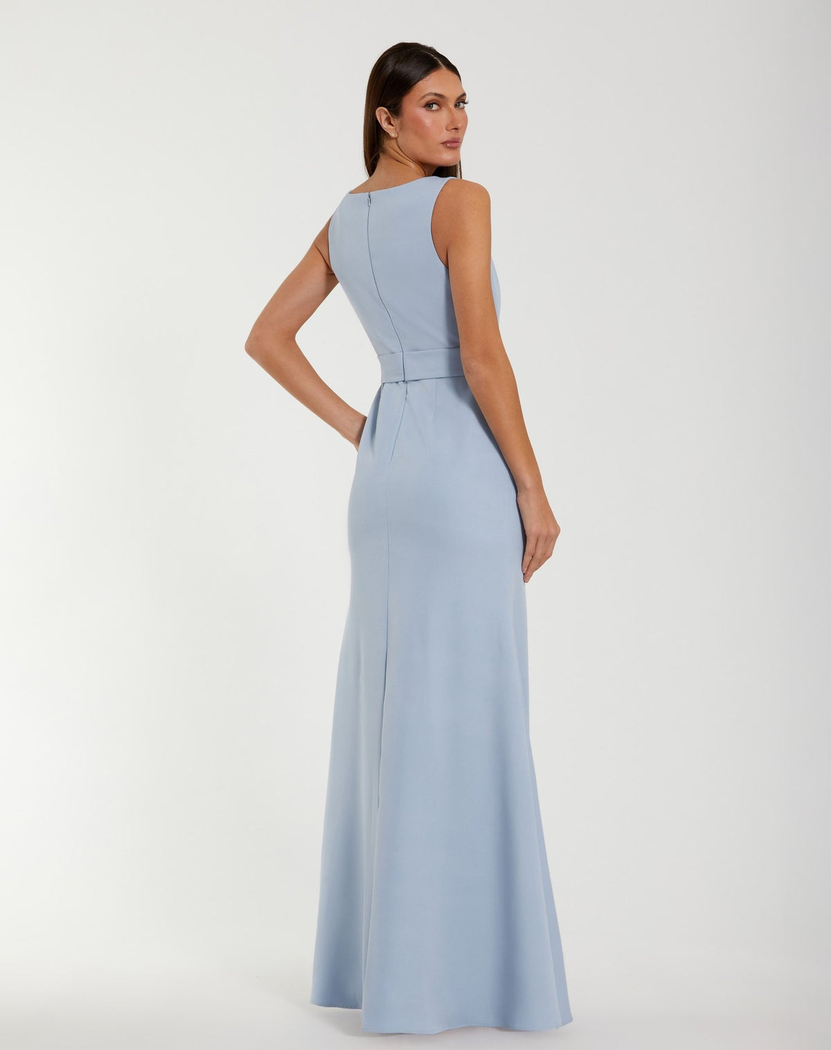 Periwinkle High Neck Sleeveless Crepe A Line Gown With Flower