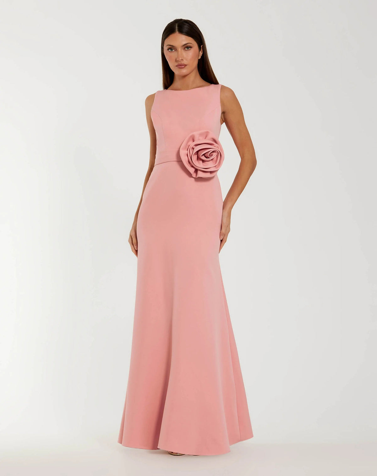Mac Duggal #50097 rose boat neck crepe a line gown with flower