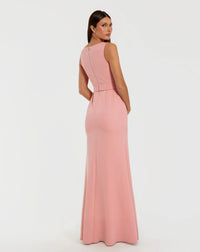 Mac Duggal #50097 rose boat neck crepe a line gown with flower