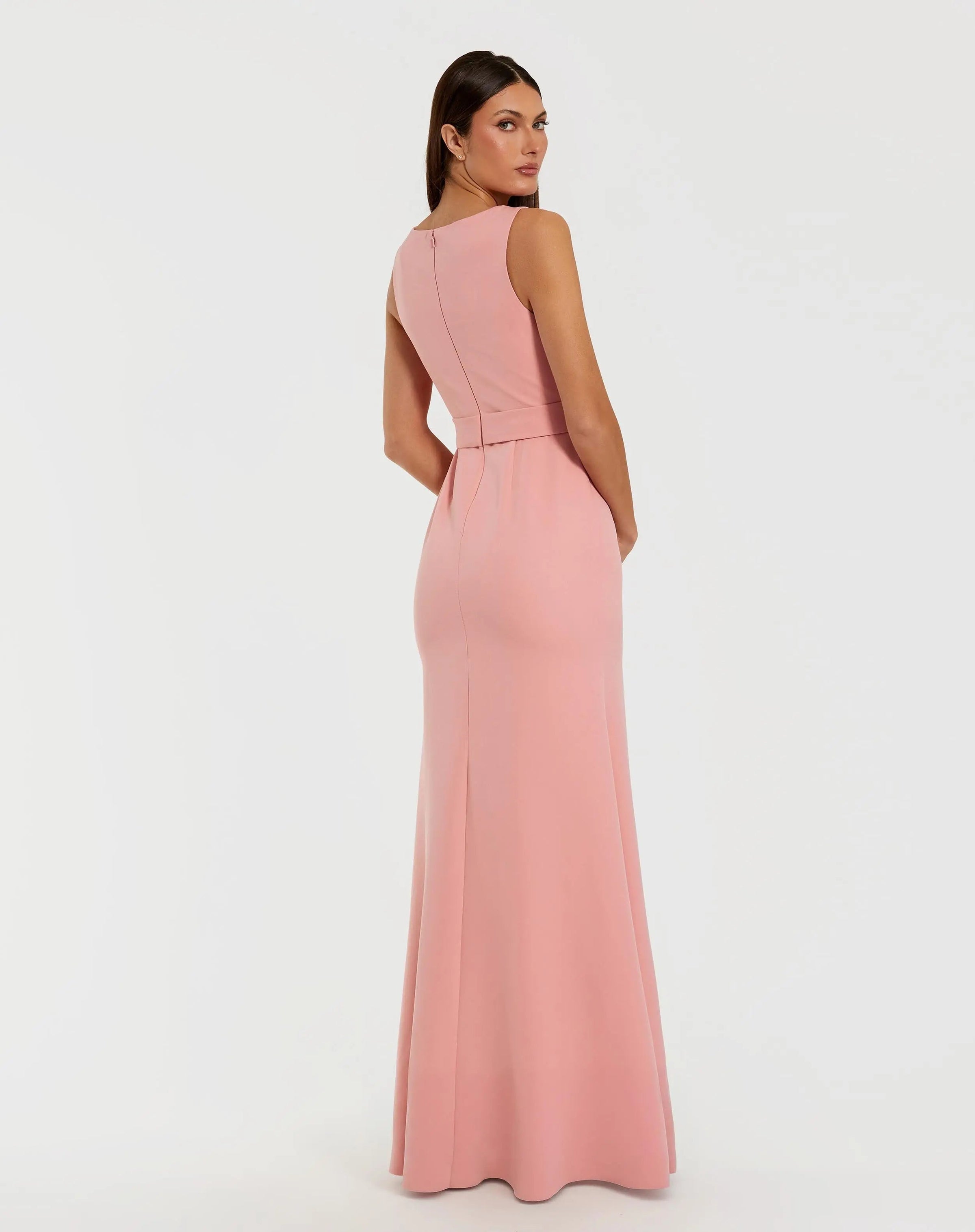 Mac Duggal #50097 rose boat neck crepe a line gown with flower