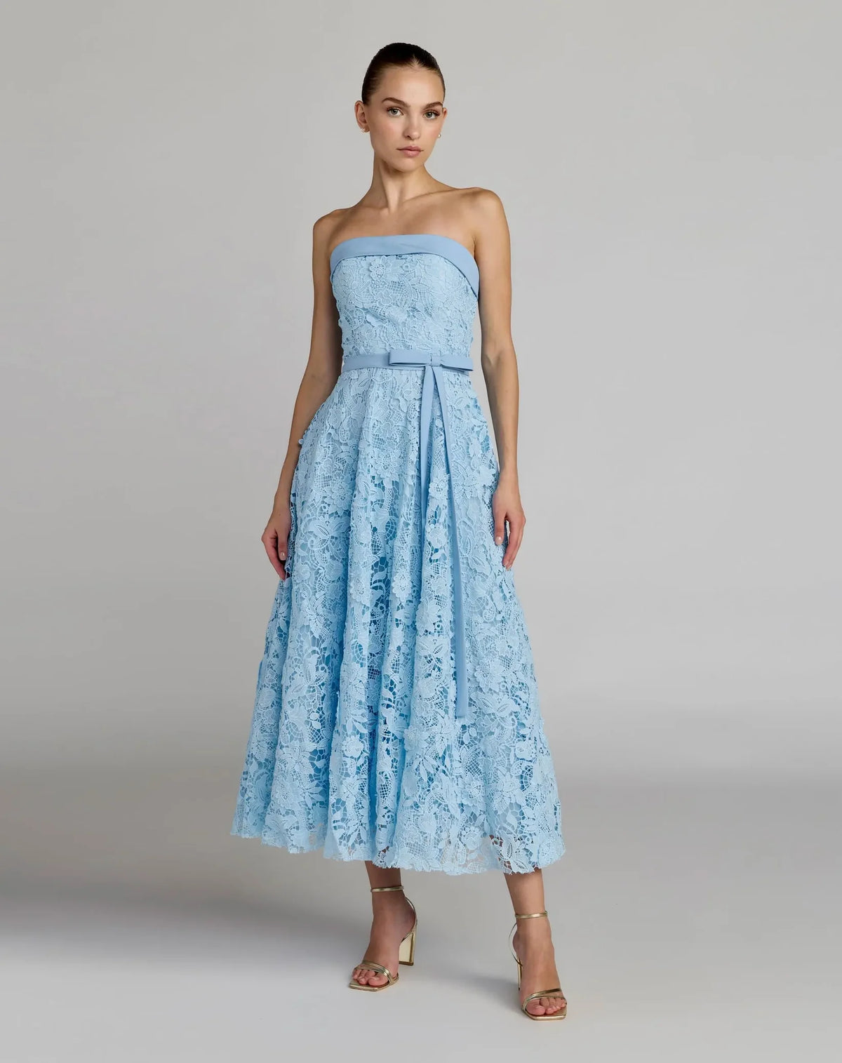 Mac Duggal 50114 Strapless Powder Blue Corded Lace Midi Dress with A-Line Skirt and Bow Waist