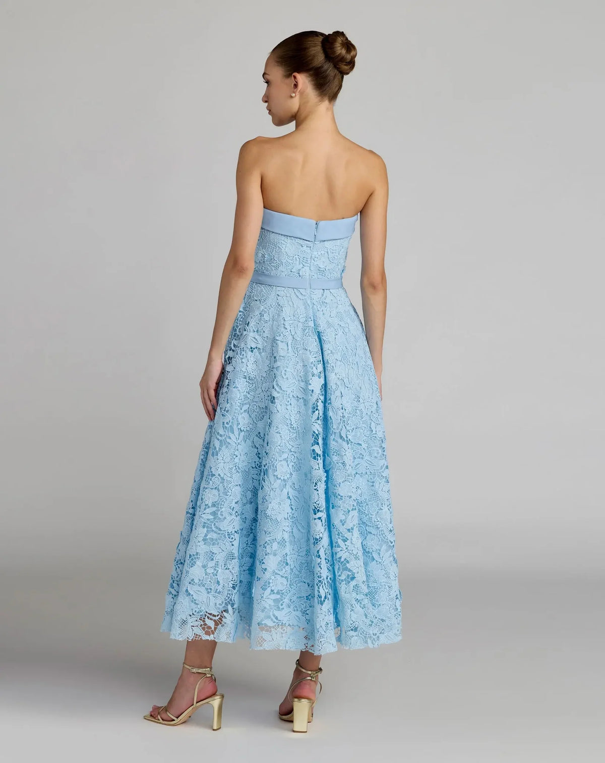 Mac Duggal 50114 Strapless Powder Blue Belted Lace Midi Dress with A-Line Skirt and Bow Waist
