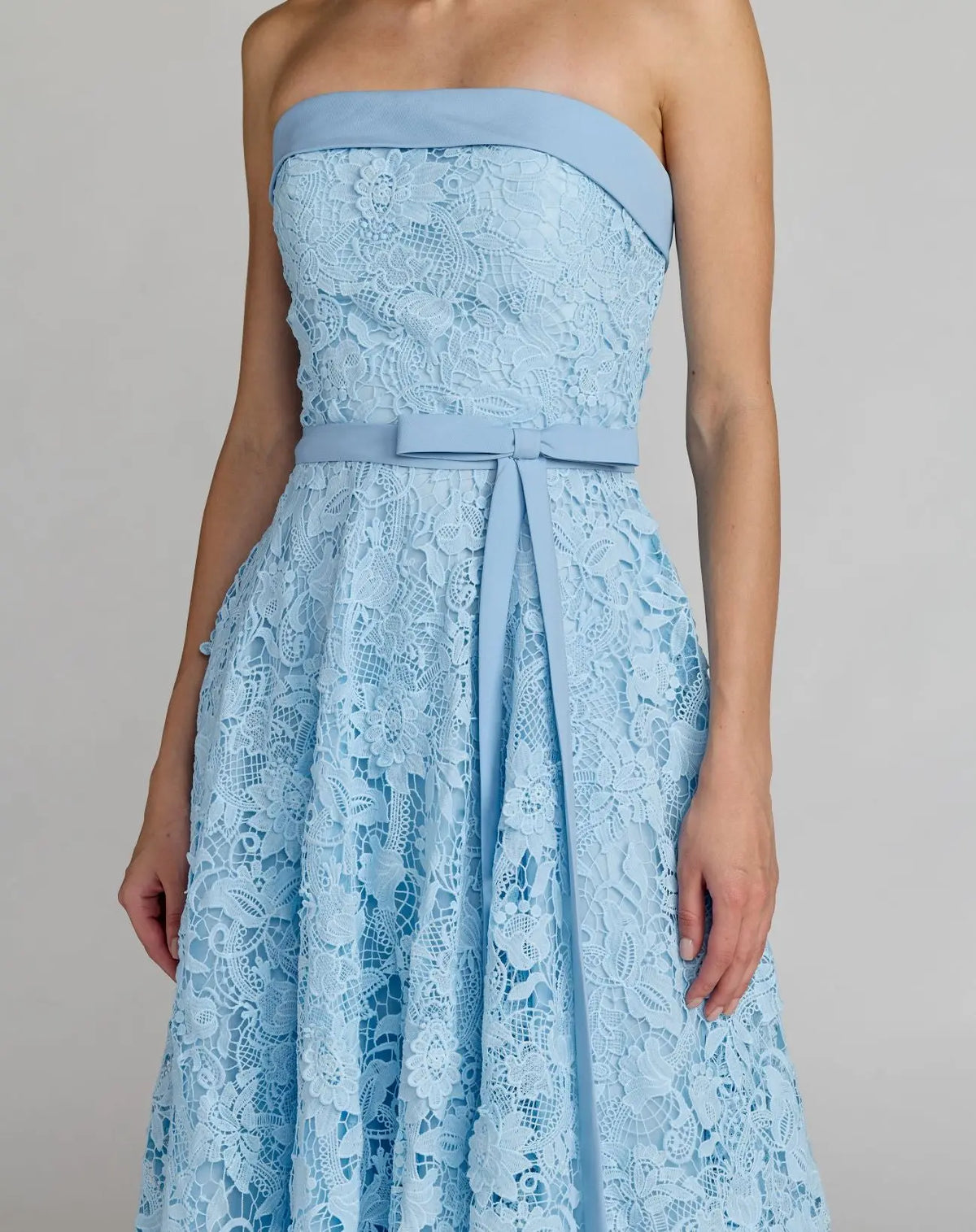 Mac Duggal 50114 Strapless Powder Blue Belted Lace Midi Dress with A-Line Skirt and Bow Waist
