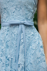 Mac Duggal 50114 Strapless Powder Blue Belted Lace Midi Dress with A-Line Skirt and Bow Waist close up
