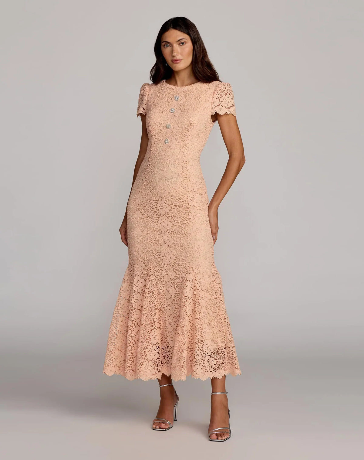 Mac Duggal #50116 Peach Embroidered Lace Cap Sleeve Midi Dress