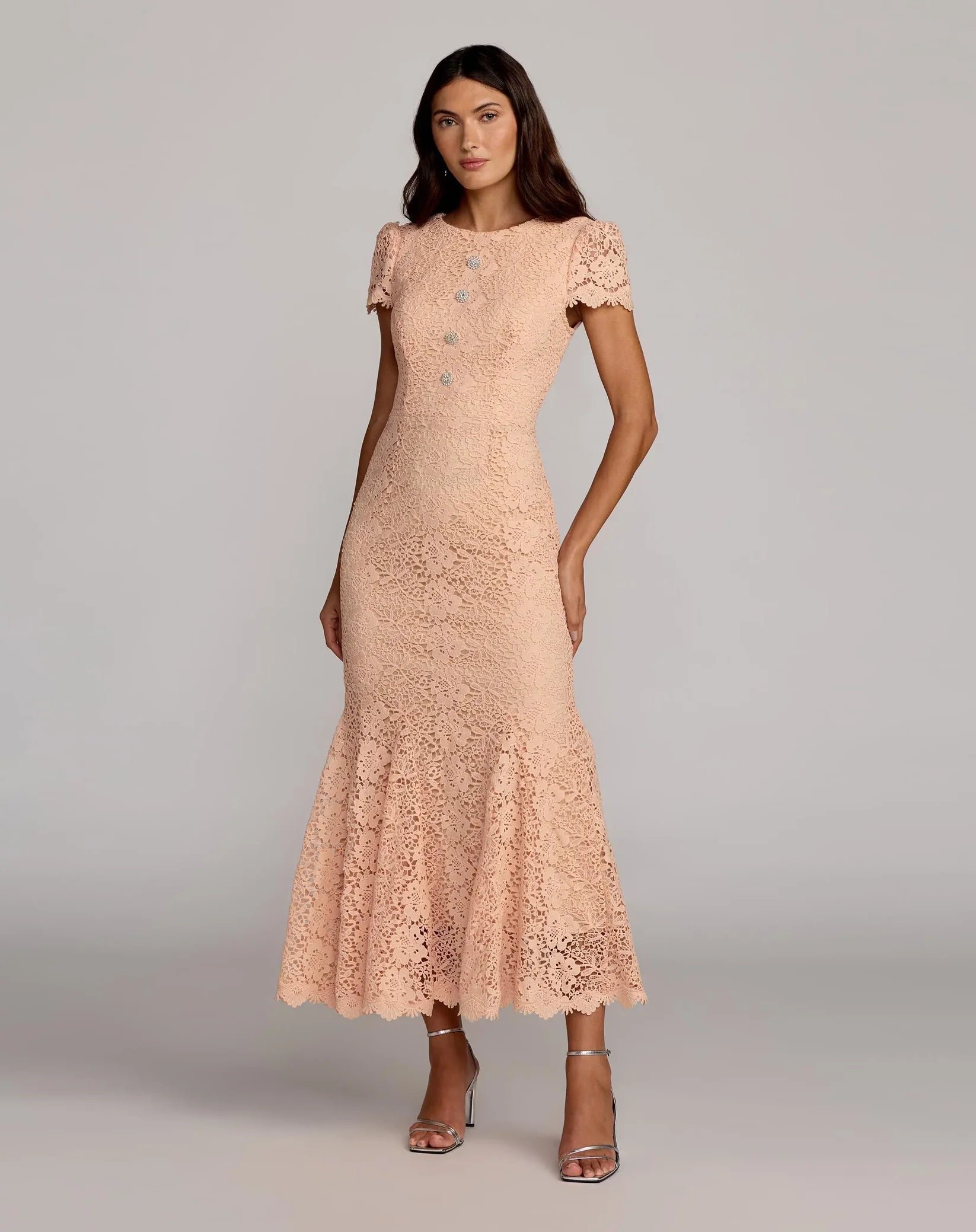 Mac Duggal #50116 Peach Embroidered Lace Cap Sleeve Midi Dress