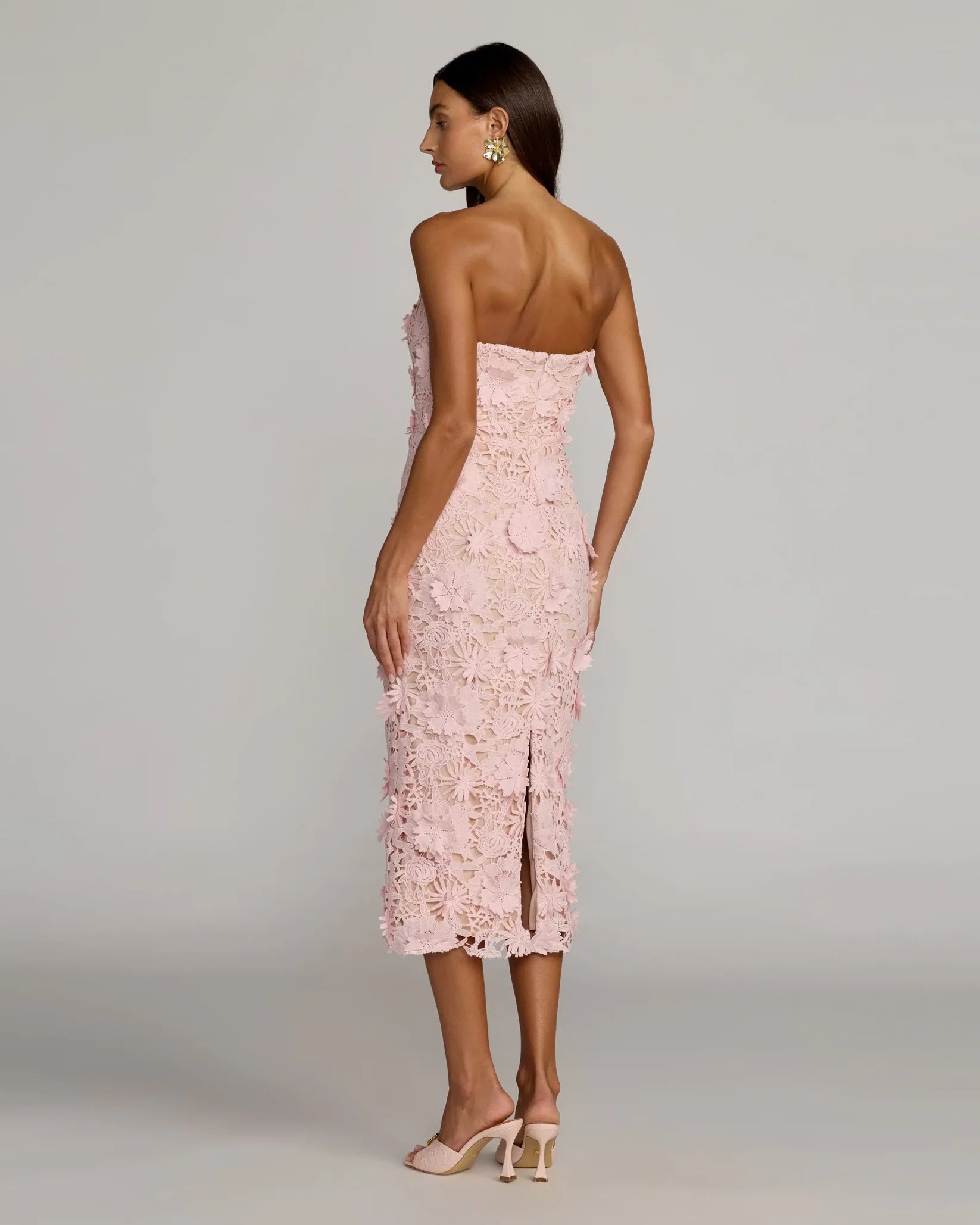 Pink Strapless 3D Floral Midi Dress