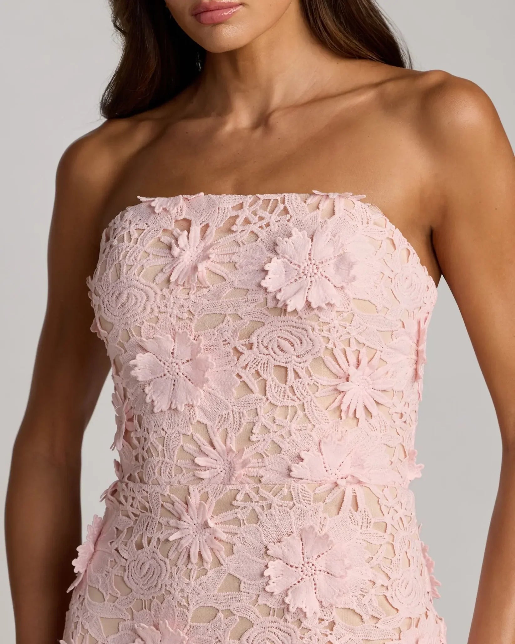 Pink Strapless 3D Floral Midi Dress