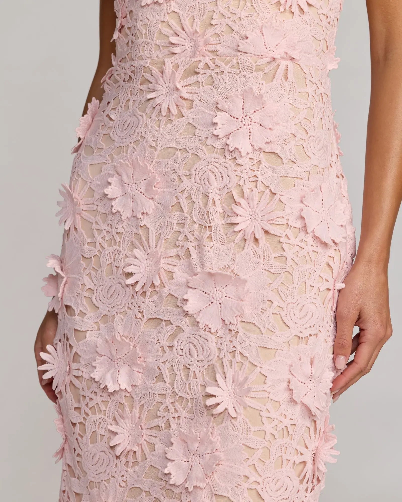 Pink Strapless 3D Floral Midi Dress