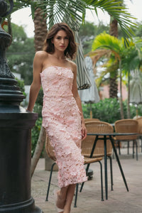 Pink Strapless 3D Floral Midi Dress