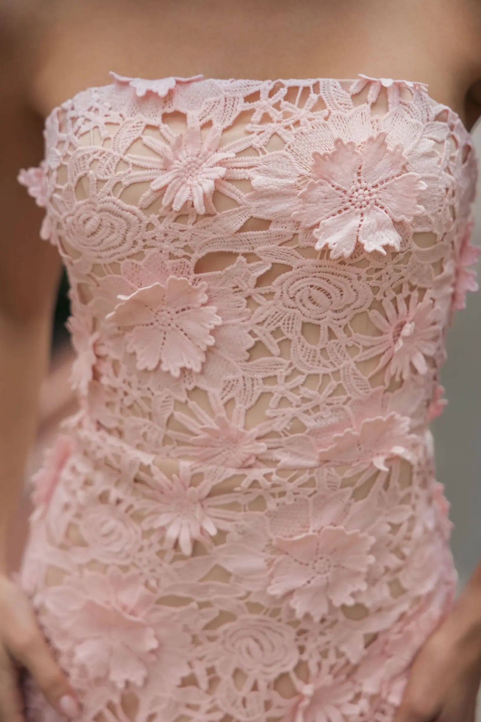 Pink Strapless 3D Floral Midi Dress