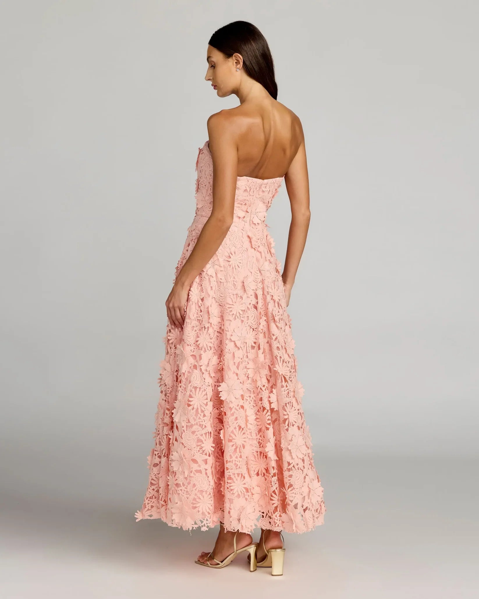 Pink Strapless Floral Embroidered Lace A-Line Dress