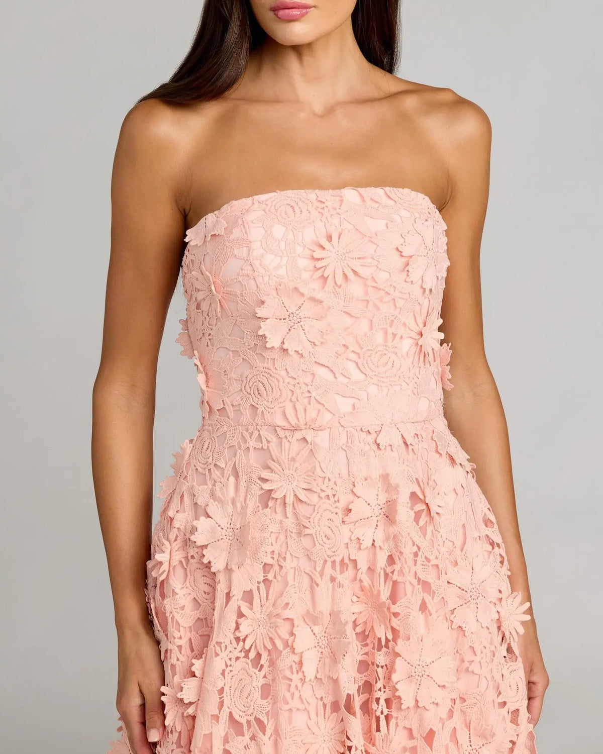 Pink Strapless Floral Embroidered Lace A-Line Dress