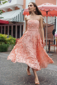 Pink Strapless Floral Embroidered Lace A-Line Dress