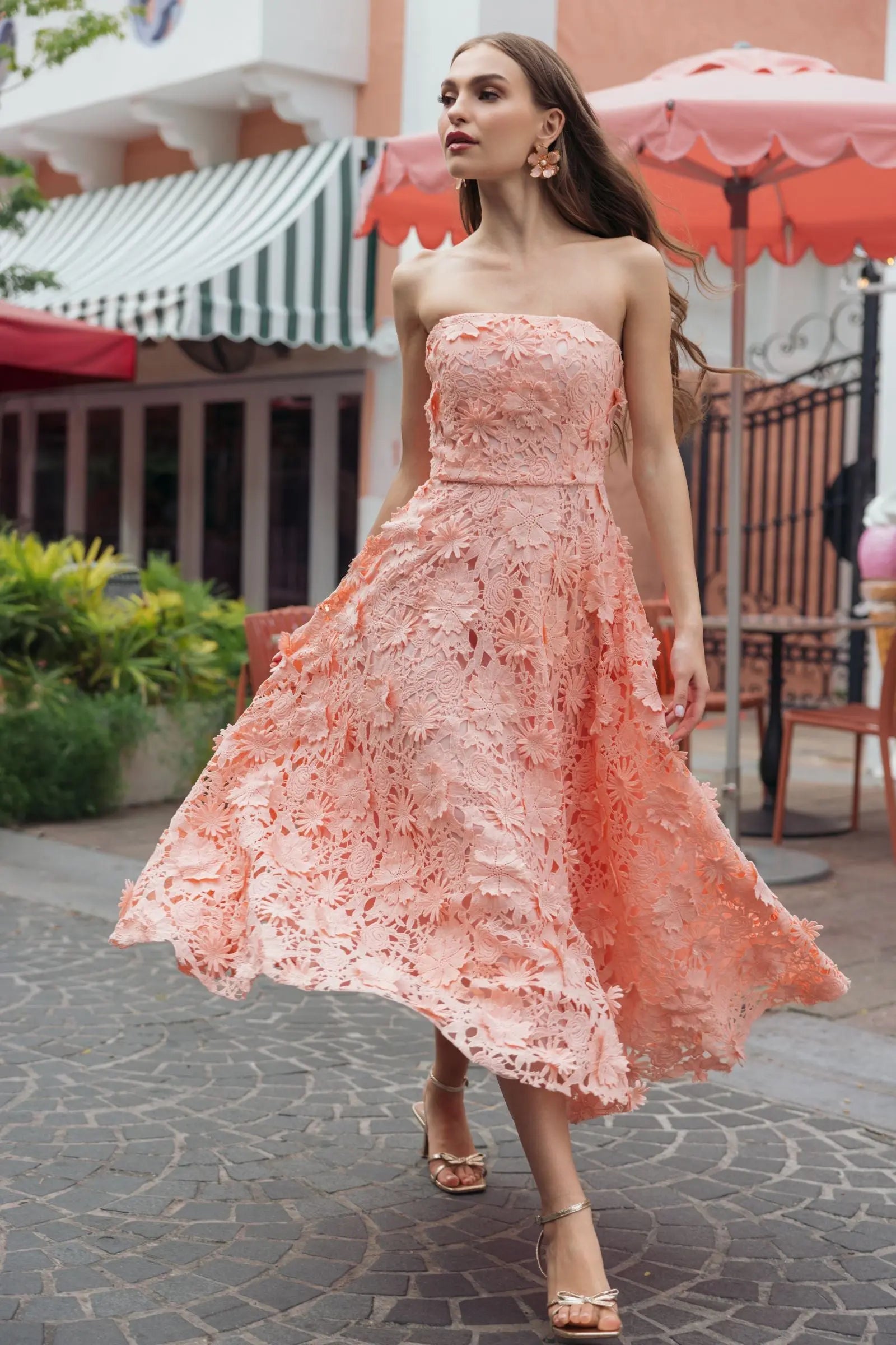 Pink Strapless Floral Embroidered Lace A-Line Dress