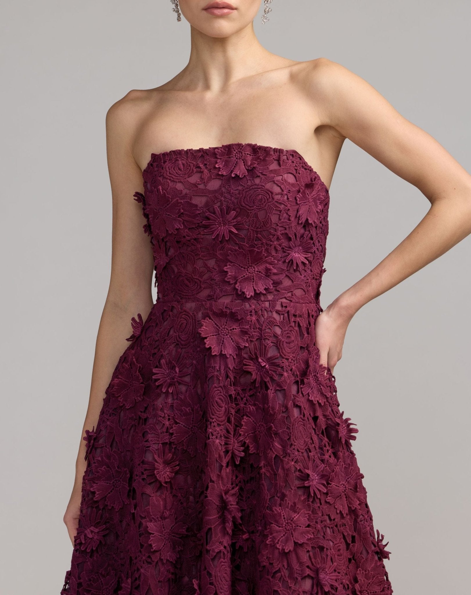 Strapless Floral Embroidered Lace A-Line Dress