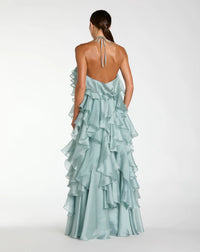 Mac Duggal Blue Organza Halter Neck Open Back Ruffle Gown #50138 Mint