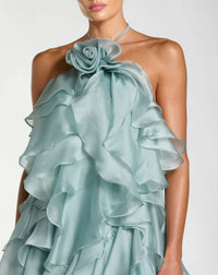 Mac Duggal Blue Organza Halter Neck Open Back Ruffle Gown #50138 Mint