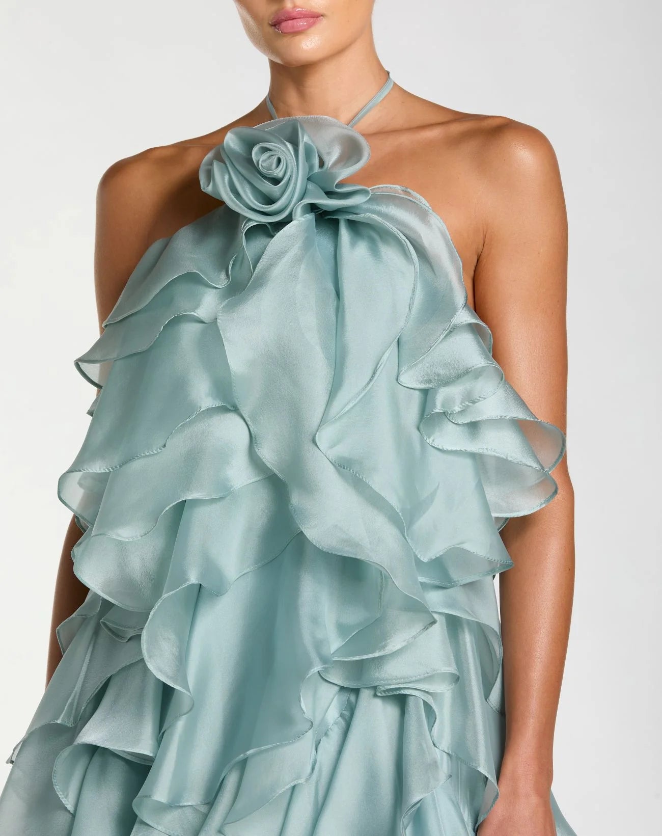 Mac Duggal Blue Organza Halter Neck Open Back Ruffle Gown #50138 Mint