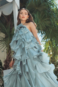 Mac Duggal Blue Organza Halter Neck Open Back Ruffle Gown #50138 Mint