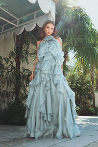 Mac Duggal Blue Organza Halter Neck Open Back Ruffle Gown #50138 Mint