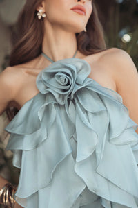 Mac Duggal Blue Organza Halter Neck Open Back Ruffle Gown #50138 Mint