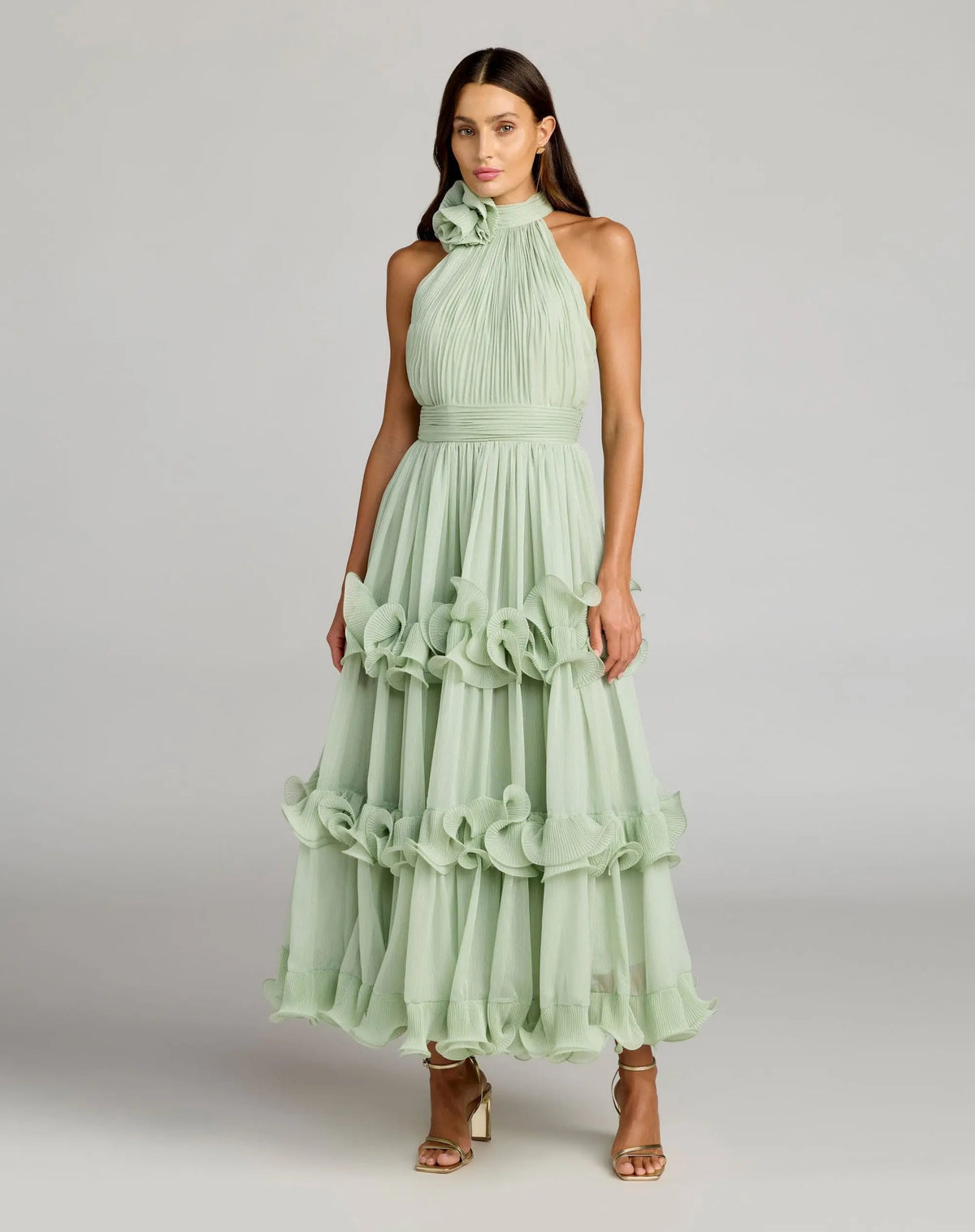 Mac Duggal #50145 Sleeveless Chiffon Halter Neck Ruffle Midi Jade