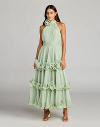 Mac Duggal #50145 Sleeveless Chiffon Halter Neck Ruffle Midi Jade