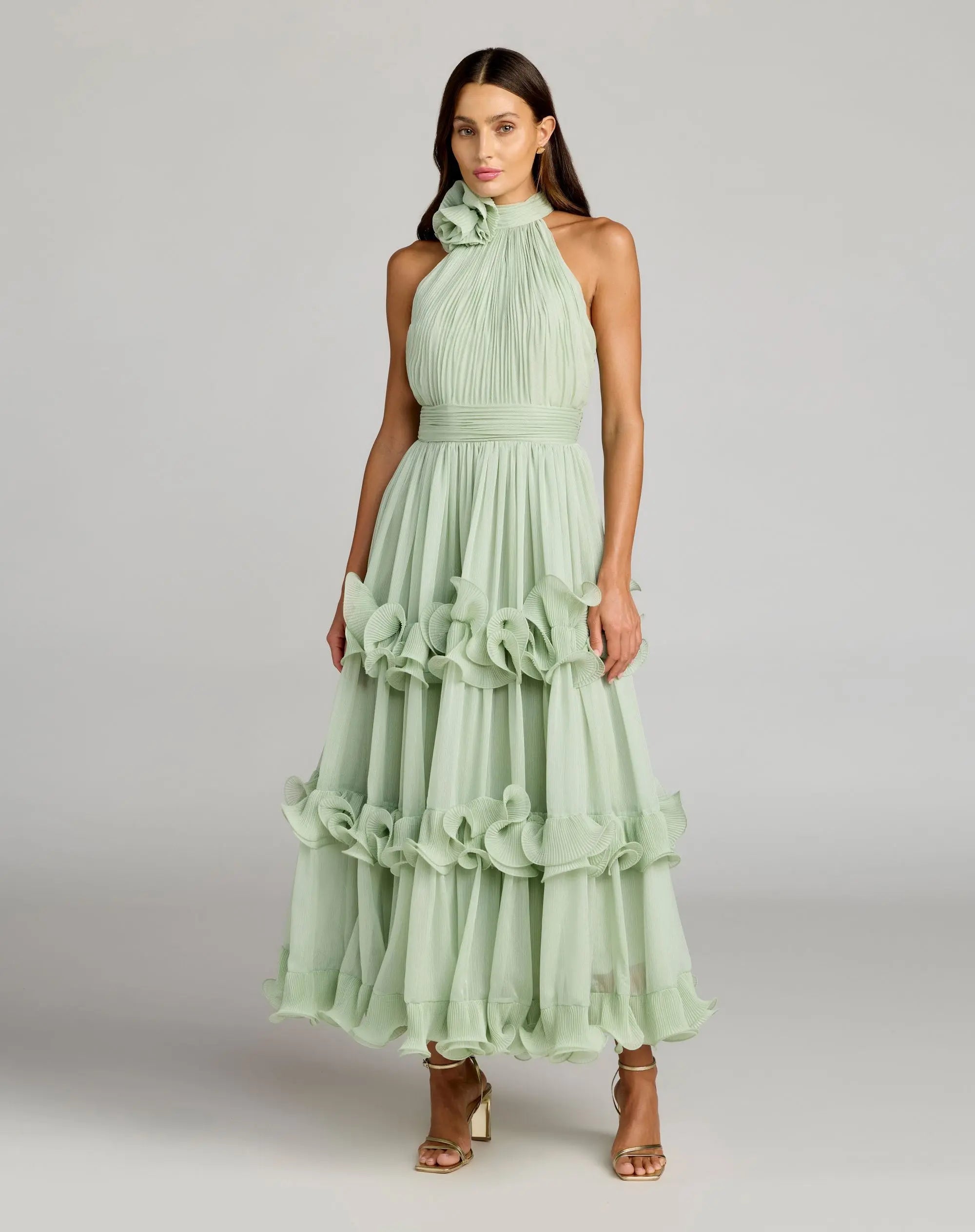Mac Duggal #50145 Sleeveless Chiffon Halter Neck Ruffle Midi Jade