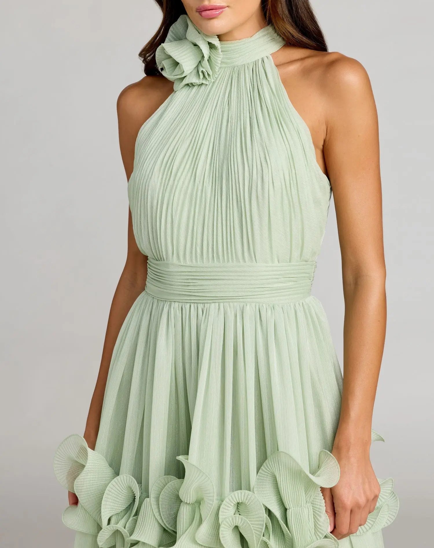 Sleeveless Chiffon Halter Neck Ruffle Midi Dress - Jade