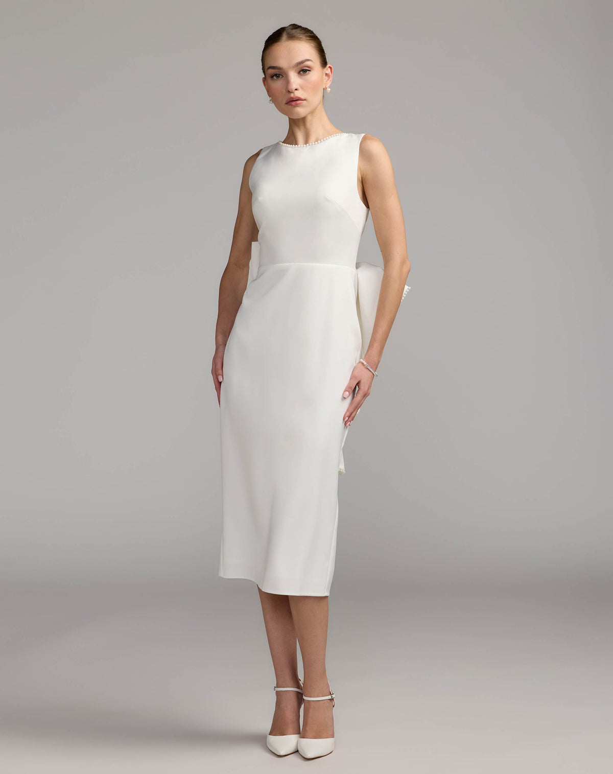 Mac Duggal #50169 ivory pearl trim bow back midi dress