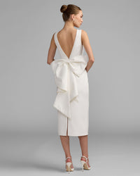 Mac Duggal #50169 ivory pearl trim bow back midi dress back view