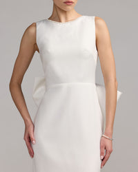 Mac Duggal #50169 ivory pearl trim bow back midi dress close-up