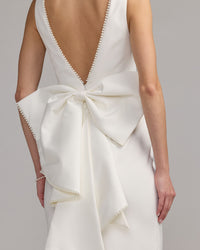 Mac Duggal #50169 ivory pearl trim bow back midi dress close-up