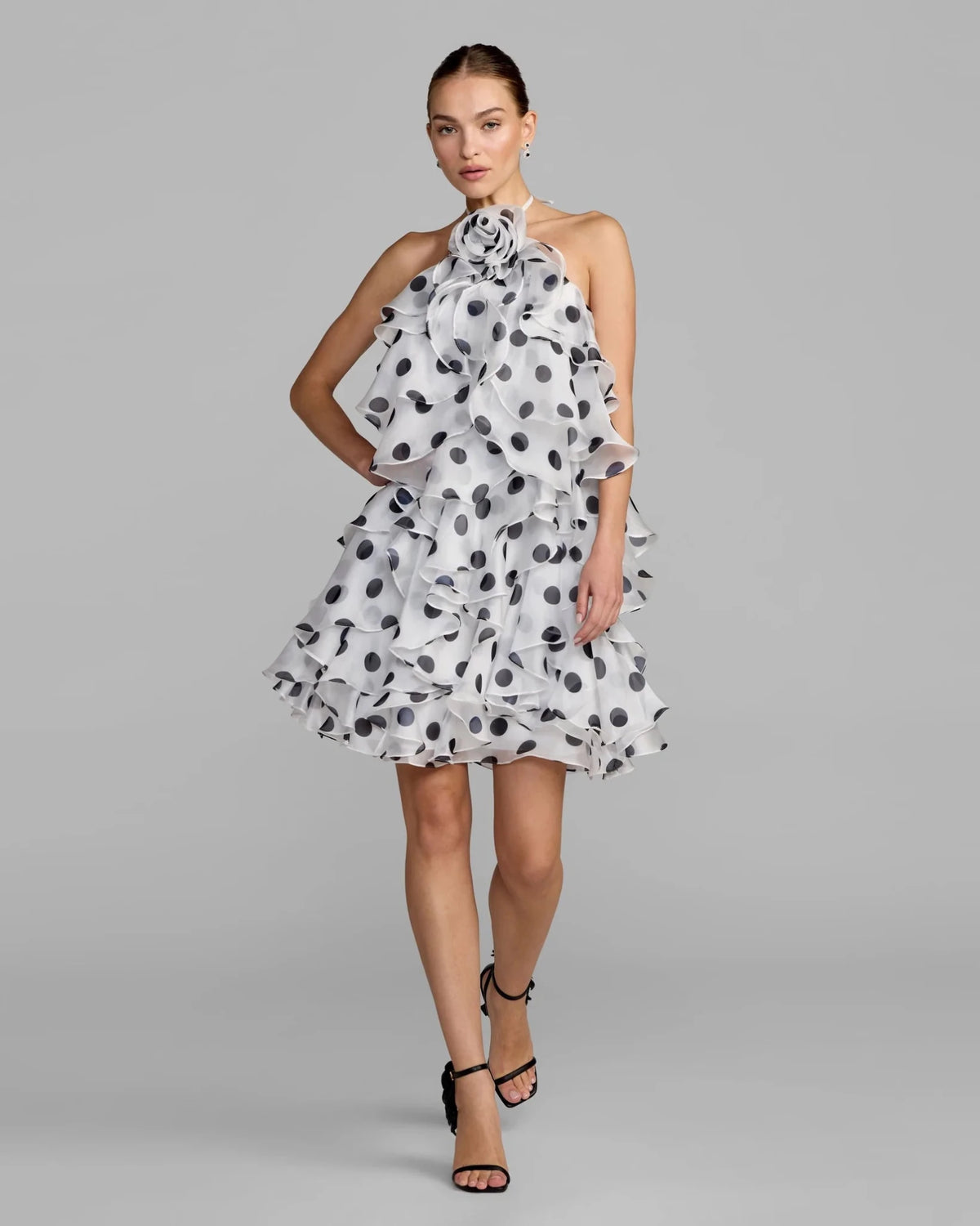 Black Ivory Polka Dot Organza Halter Neck Ruffle Mini Dress