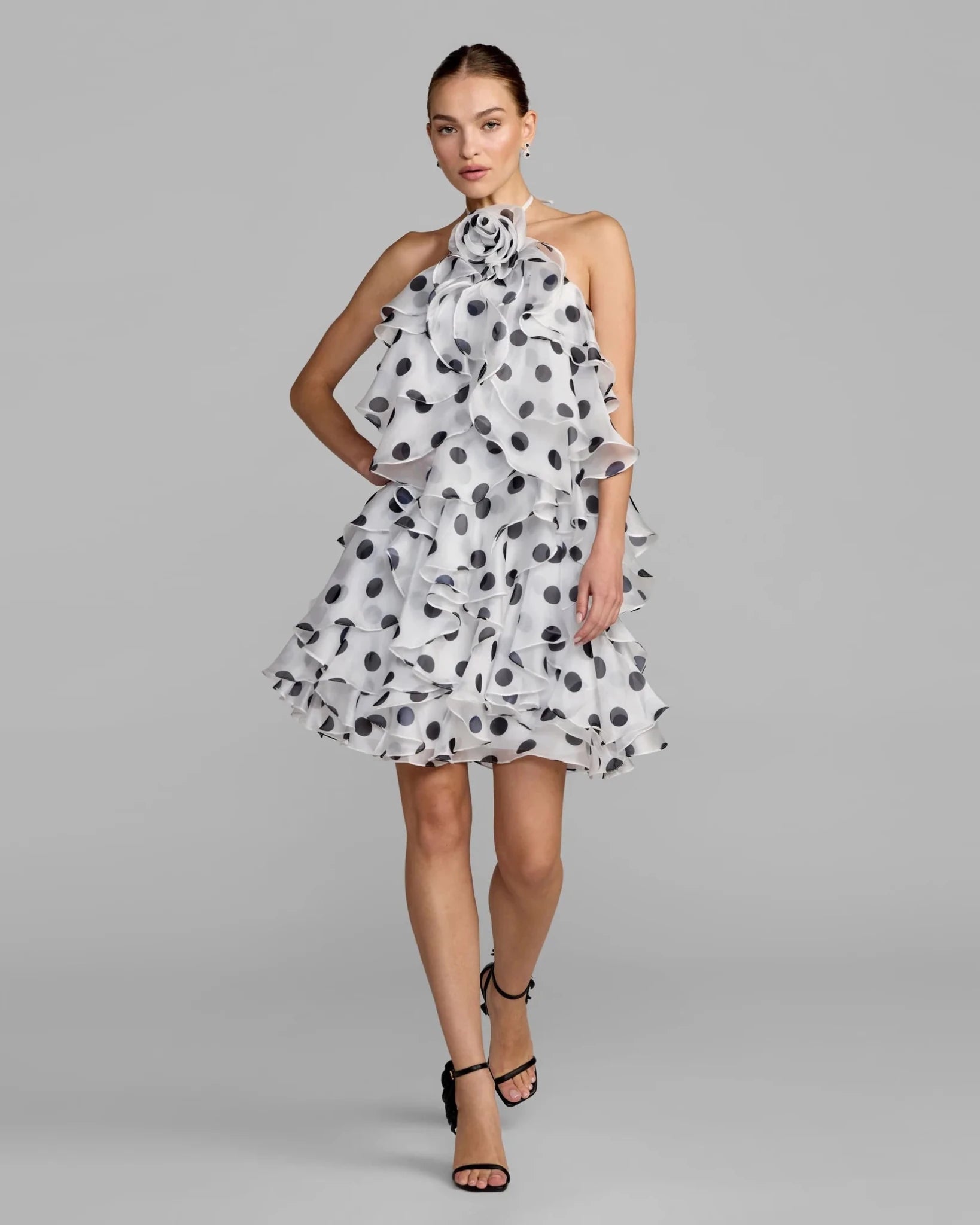 Black Ivory Polka Dot Organza Halter Neck Ruffle Mini Dress