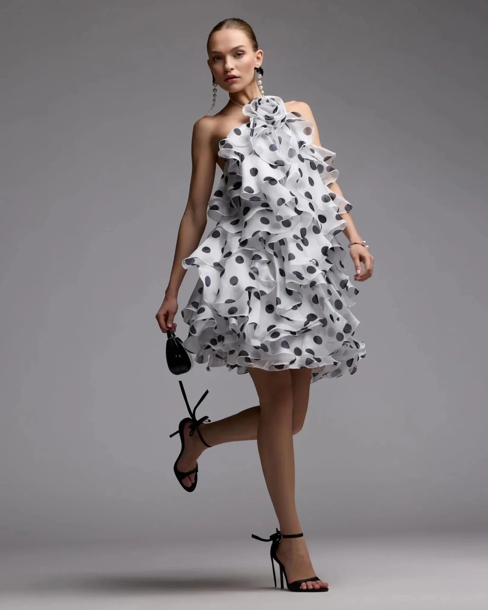Black Ivory Polka Dot Organza Halter Neck Ruffle Mini Dress