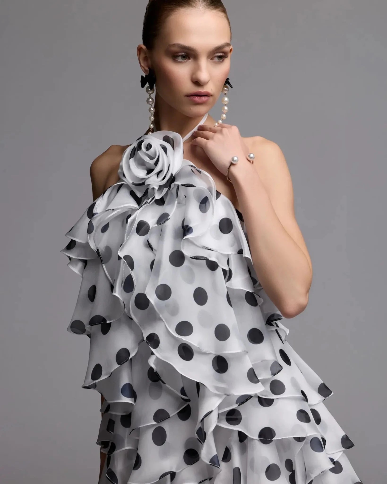 Black Ivory Polka Dot Organza Halter Neck Ruffle Mini Dress
