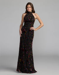 Mac Duggal #50174 black multi floral burnout velvet halter gown