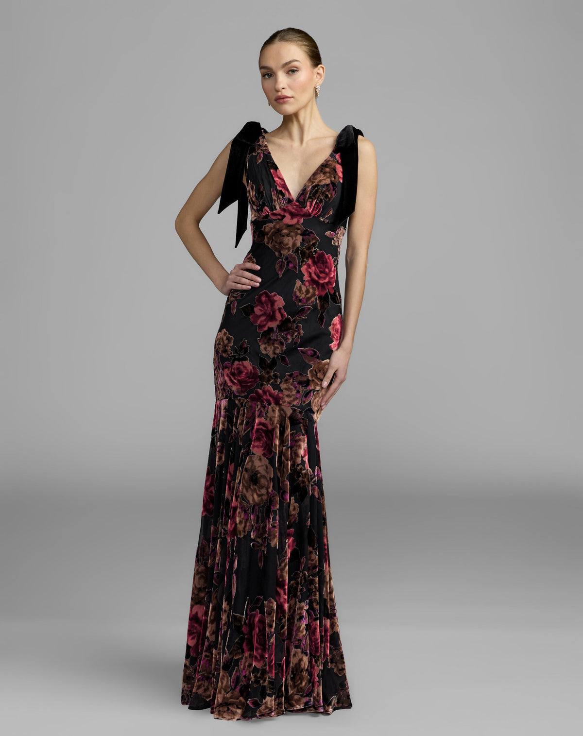 Mac Duggal #50175 black multi floral velvet mermaid gown with bows