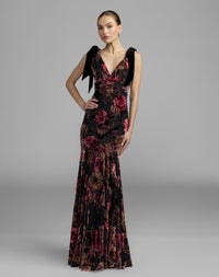 Mac Duggal #50175 black multi floral velvet mermaid gown with bows