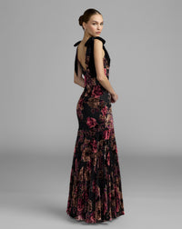 Mac Duggal #50175 black multi floral velvet gown back view
