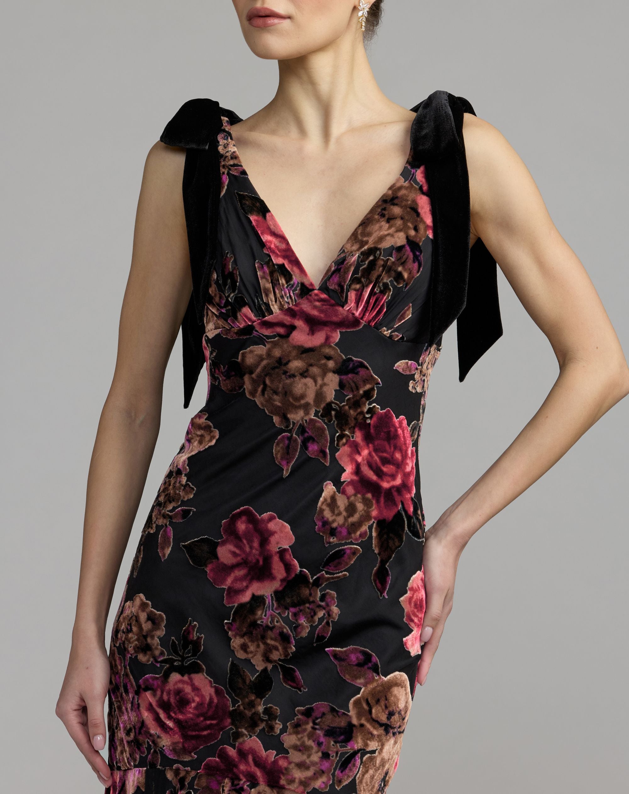 Mac Duggal #50175 floral velvet gown drop waist pleated skirt detail