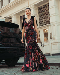 Mac Duggal #50175 floral velvet mermaid gown lifestyle
