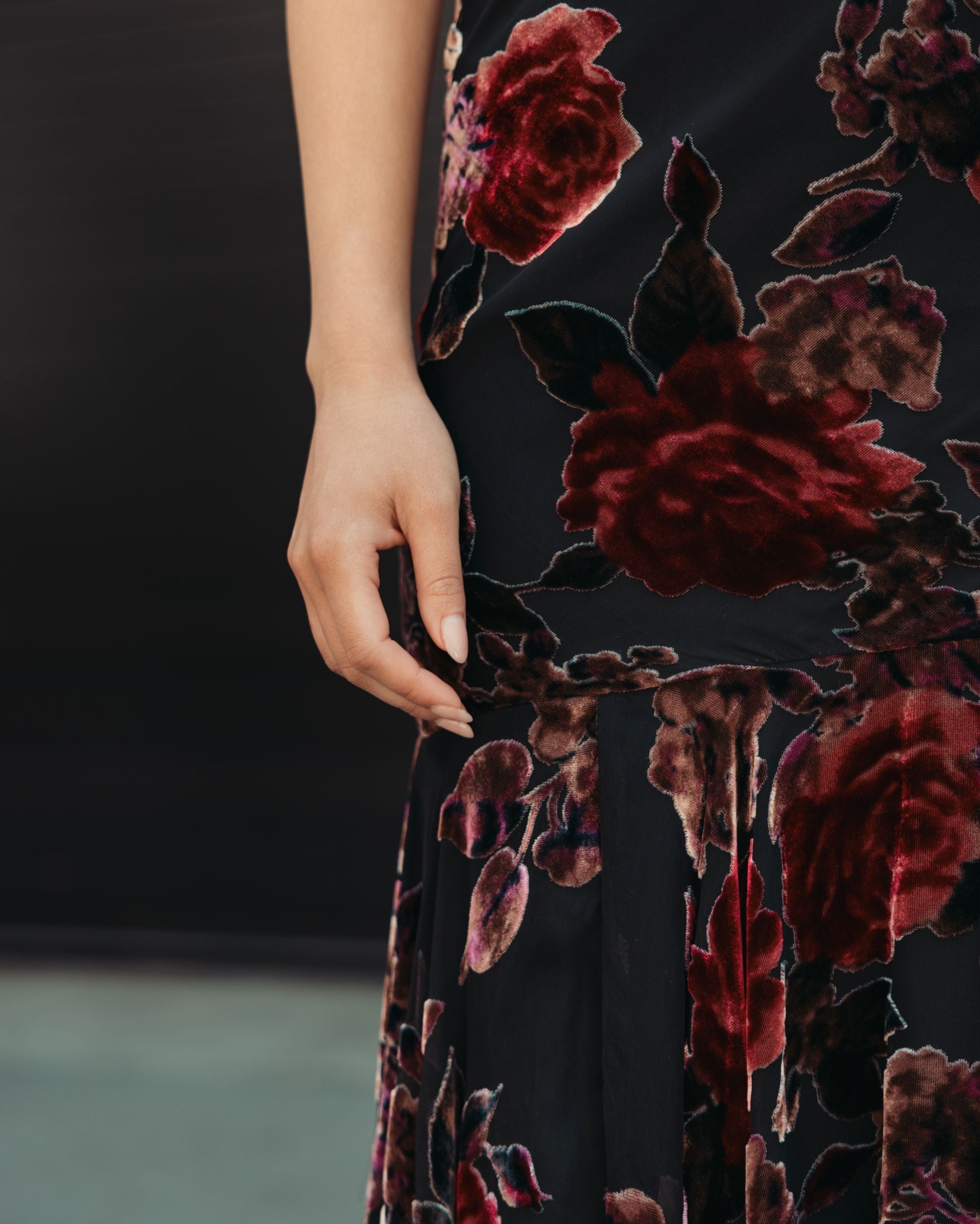 Mac Duggal #50175 floral velvet fabric close up