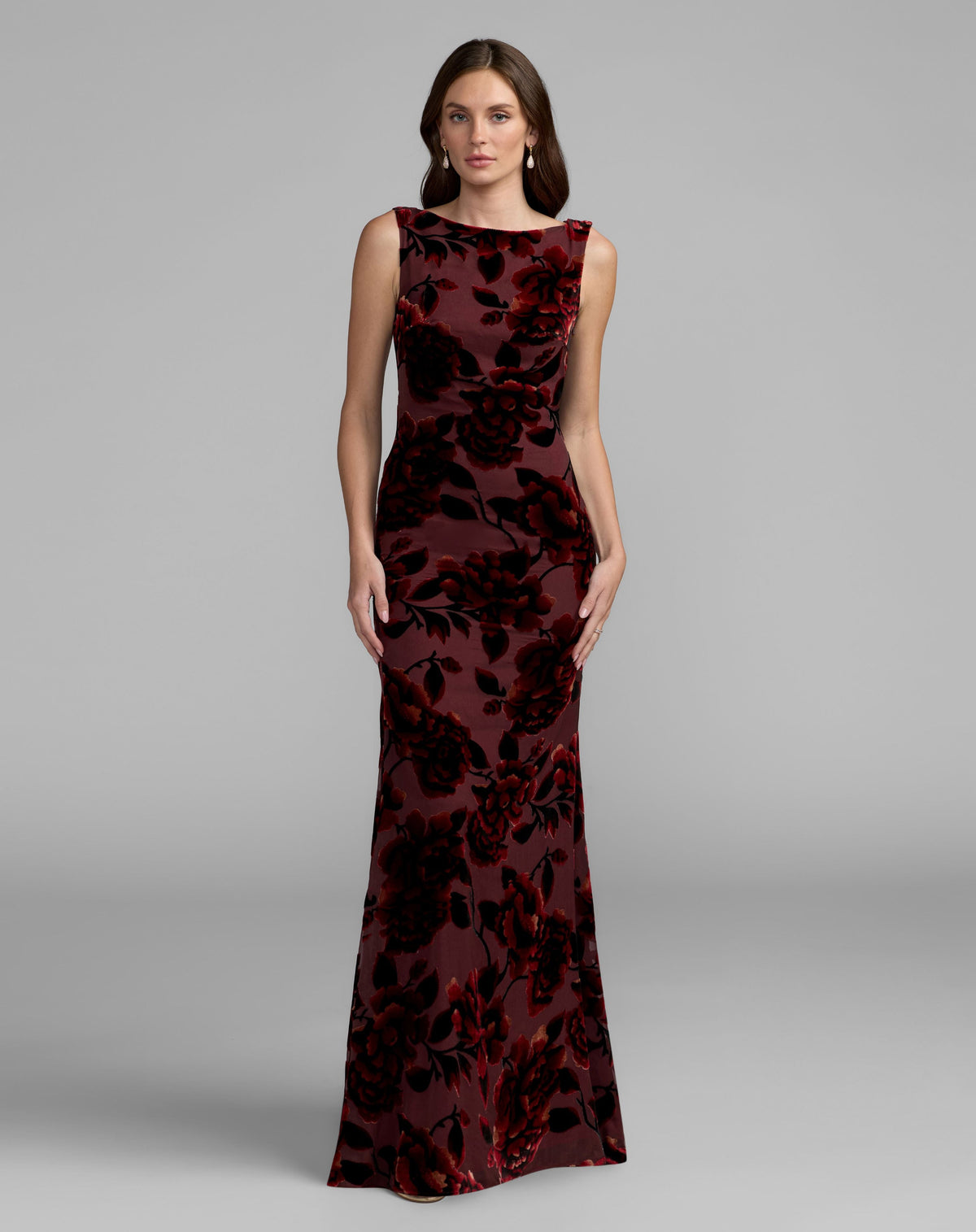 Mac Duggal #50177 burgundy multi floral velvet cowl back gown